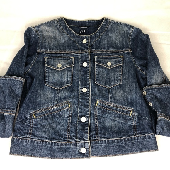 gap collarless denim jacket